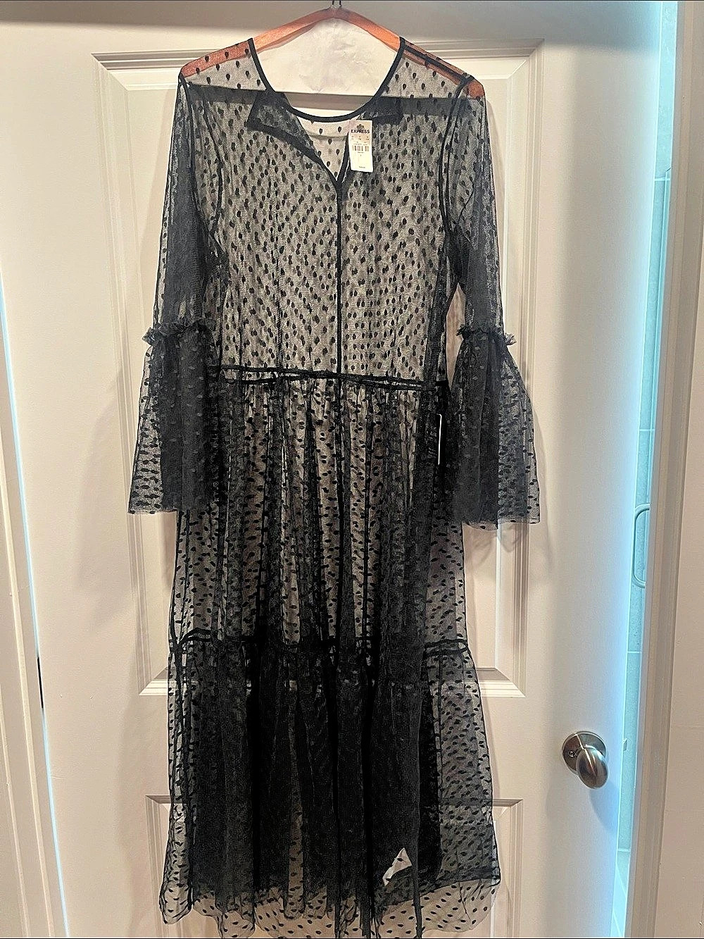 Express Polka Dot Mesh Mock Neck Long Sleeve Midi Dress Midi